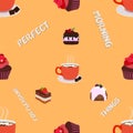 Seamless pattern fresh juicy pastries and cakes in a flat style, delicious pastry with berries, desserts, cup of coffee Royalty Free Stock Photo